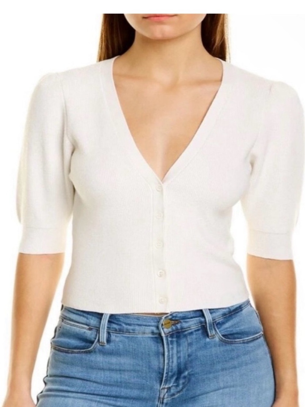 Frame Denim Cream Silk  Cotton V-Neck Short Puff Sleeve Buttoned Cardigan Top